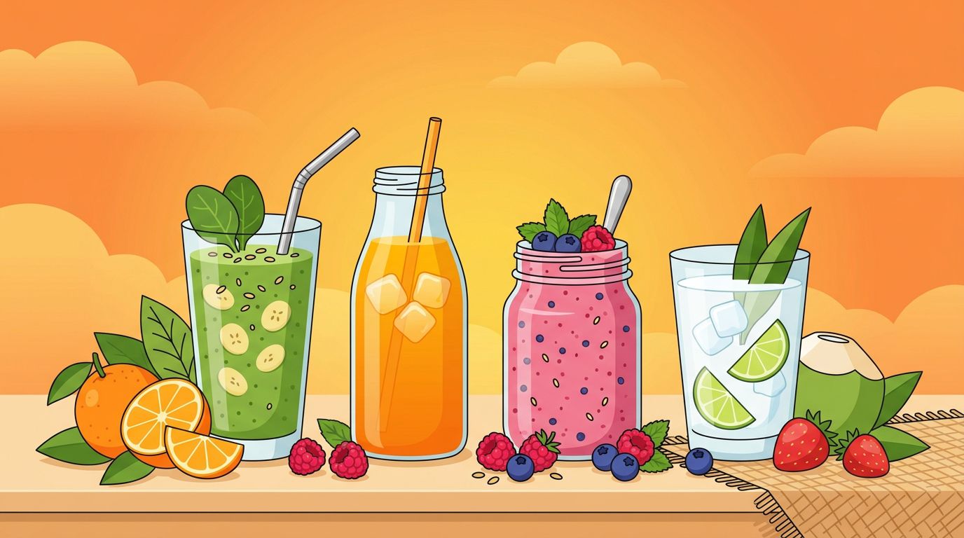 Orzeźwiające letnie napoje: sok z marchwi, woda kokosowa i agua fresca z arbuza