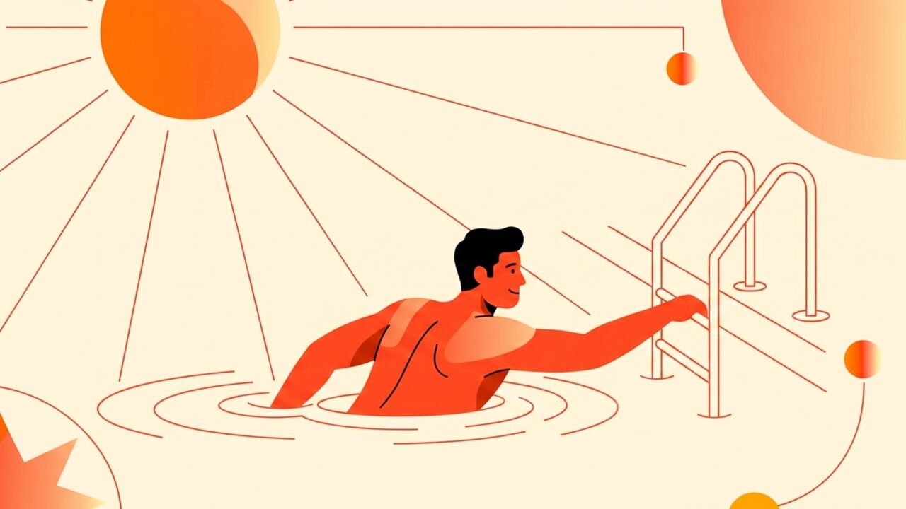Person exiting a chlorinated swimming pool with visible tan lines and dry, flaking skin on their shoulders