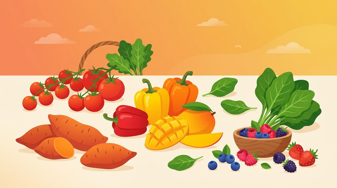 Kolorowy zestaw produktów wspomagających opalanie: bataty, marchewki, pomidory, mango i łosoś