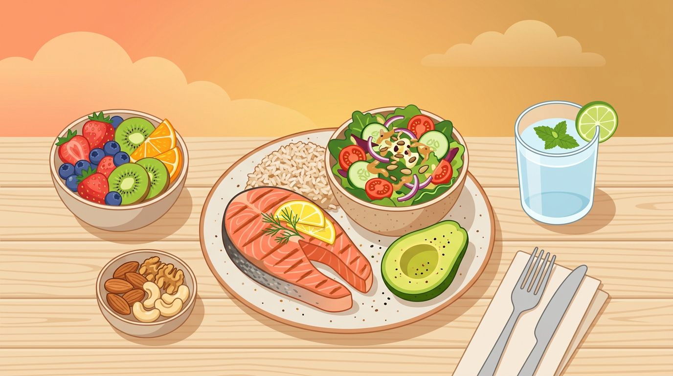 Kolorowy zestaw pokarmów regeneracyjnych po opalaniu: jagody, arbuz, łosoś i awokado