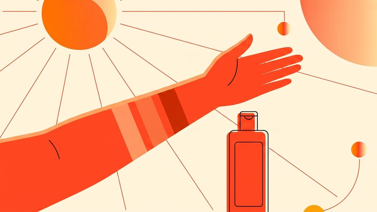 Row of self-tanner bottles in light, medium and dark shades next to a forearm showing three test patches