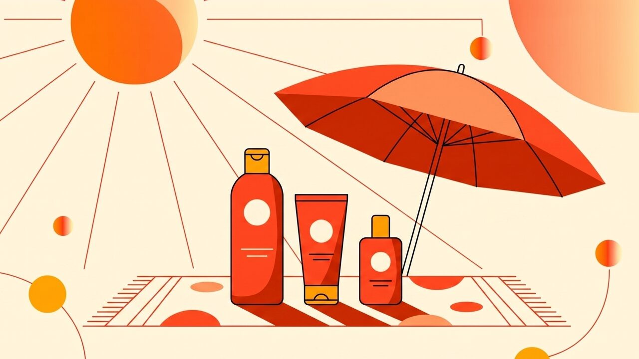 Row of Malibu tanning oil and lotion bottles on a shelf in a UK supermarket sun care aisle