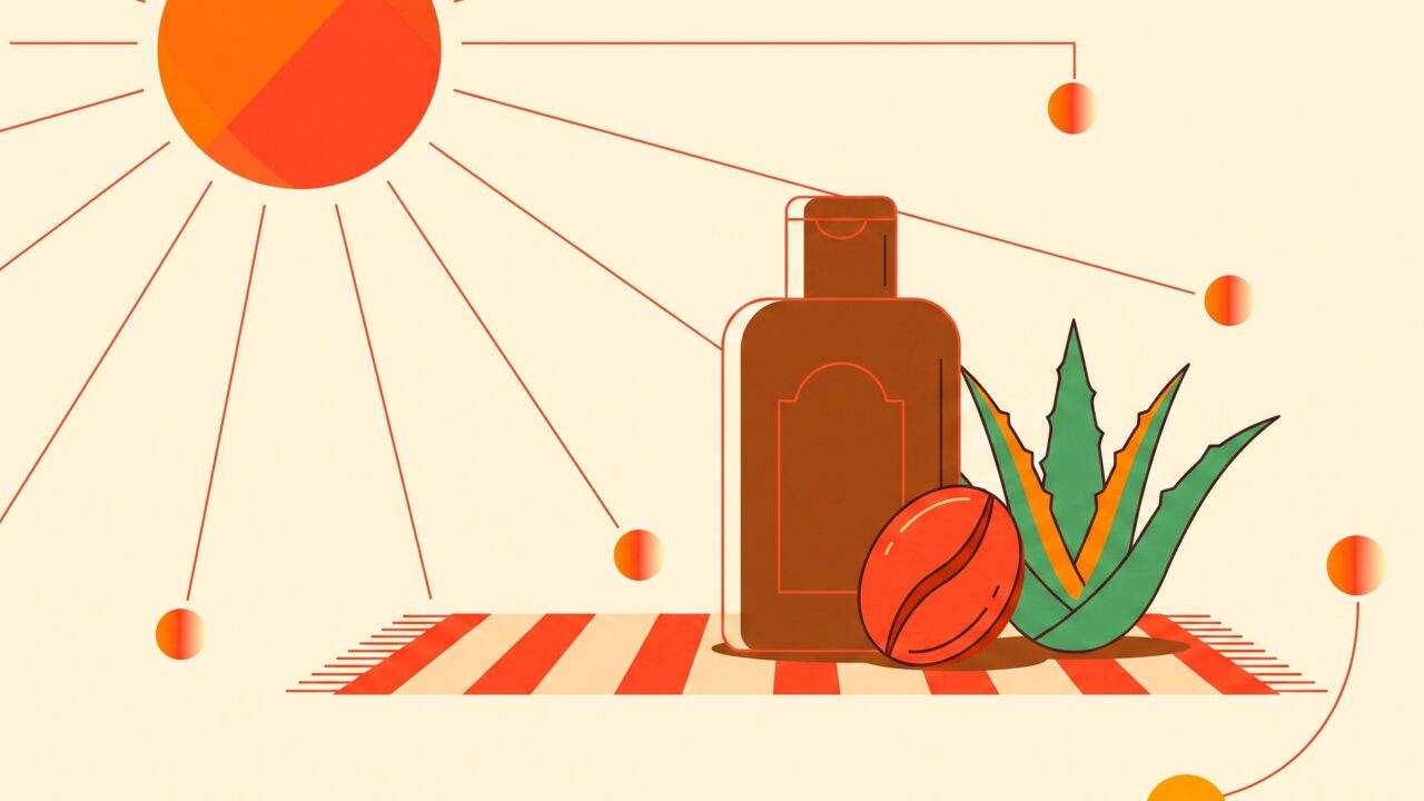 Butelka Maui Babe Browning Lotion na ręczniku plażowym obok okularów przeciwsłonecznych i butelki kremu z filtrem