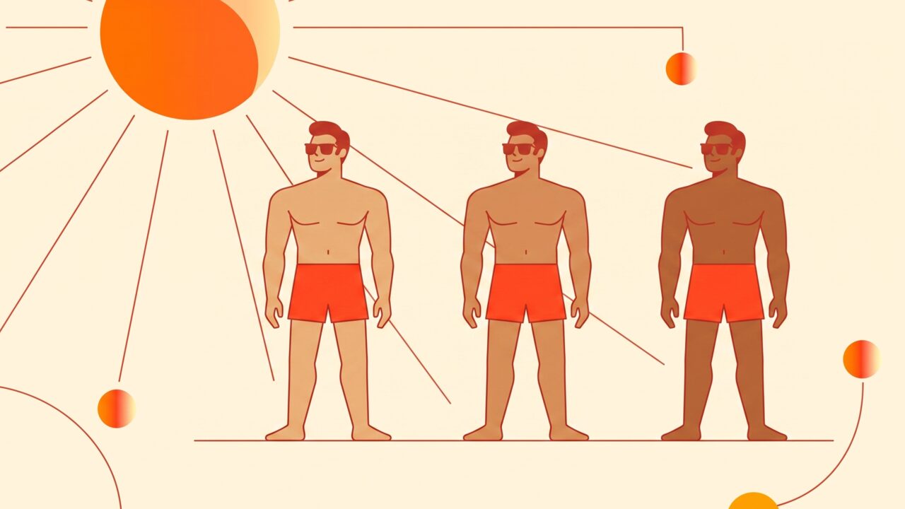 Fitzpatrick skin type color scale chart with a plateau line showing where tan color stops increasing with more sun