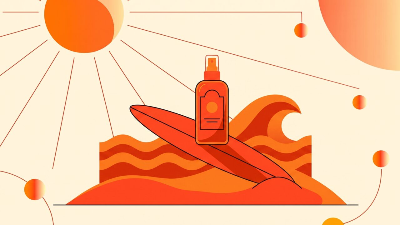 Bottle of Sun Bum tanning oil standing upright in beach sand with sunglasses nearby