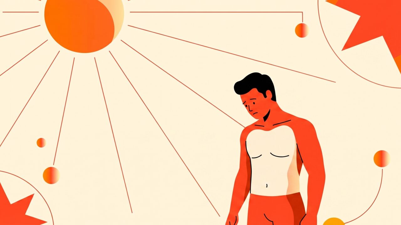Silhouette d'un corps humain avec différents niveaux de teinte sur la poitrine, le visage et les jambes illustrant un bronzage inégal